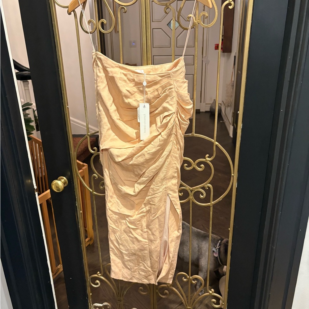 Chic Peach Ruched gathering long Skirt linen slit skirt nwt Johnathan simkhai